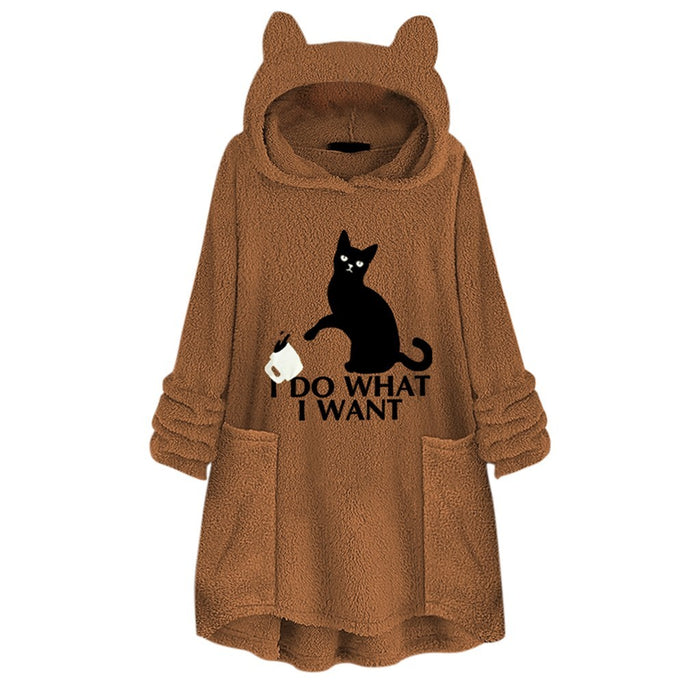 Hooded Pullover Cat Print