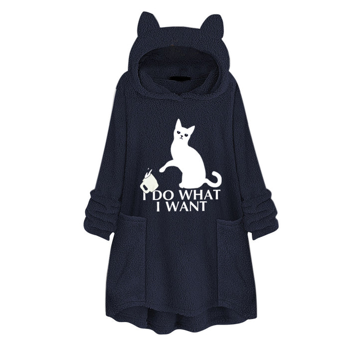 Hooded Pullover Cat Print