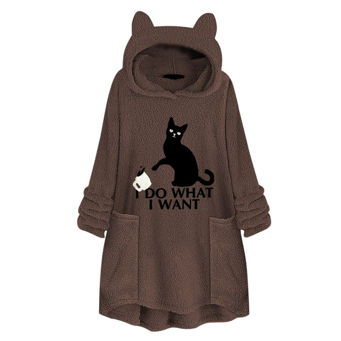 Hooded Pullover Cat Print