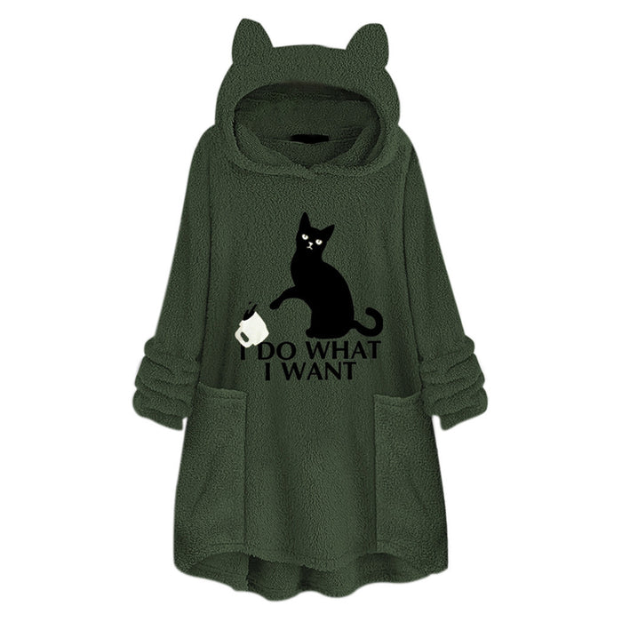 Hooded Pullover Cat Print