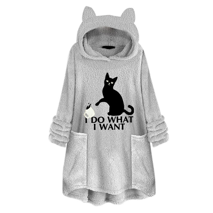 Hooded Pullover Cat Print