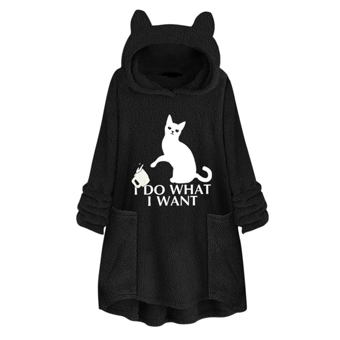 Hooded Pullover Cat Print