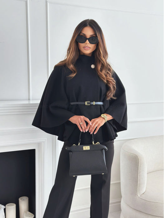 Stand Collar Batwing Sleeves Cloak Top with Belt