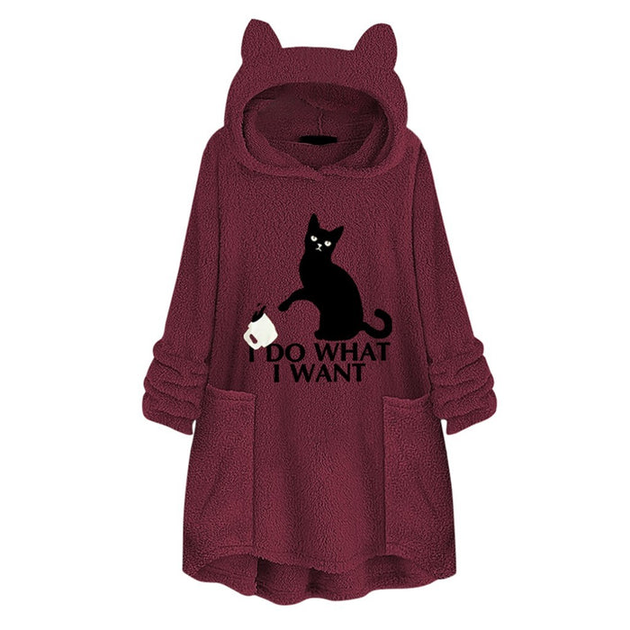 Hooded Pullover Cat Print