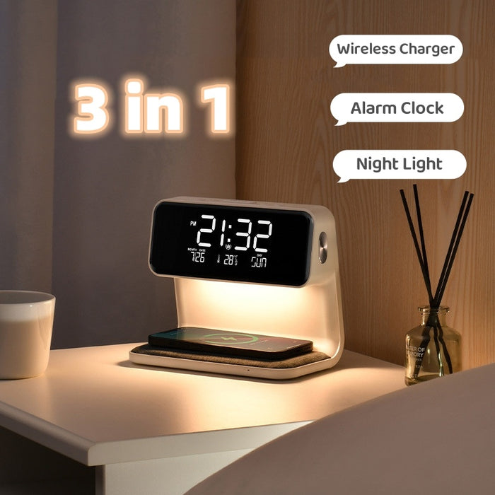 3 In 1 Bedside Lamp Wireless Charging LCD Screen Alarm Clock Wireless Phone