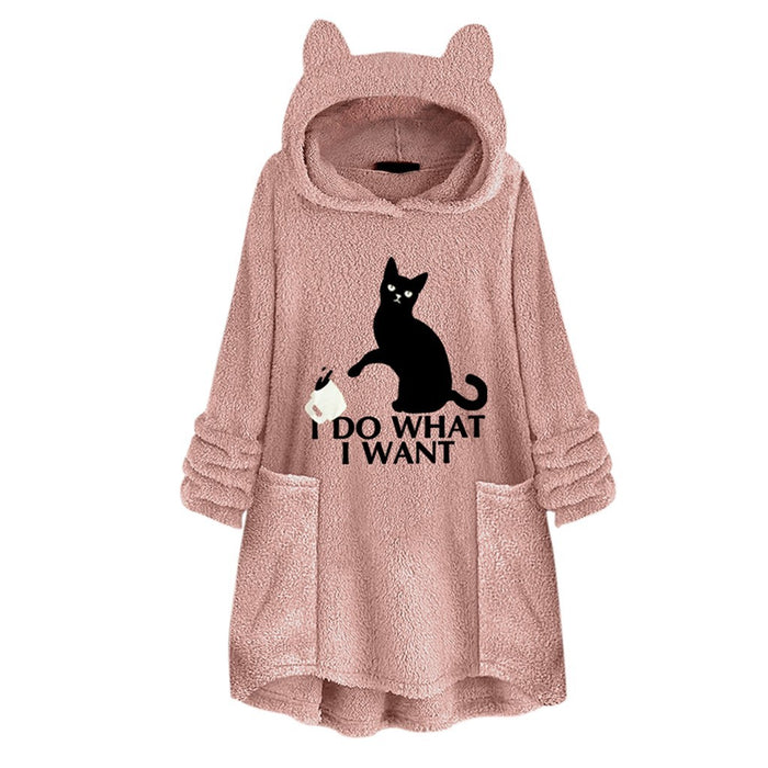 Hooded Pullover Cat Print