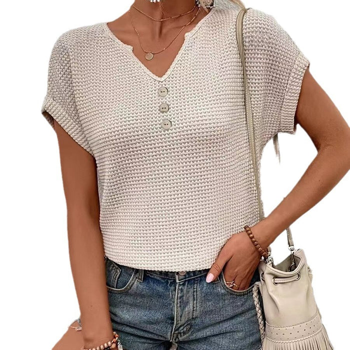 Women's Waffle Short Sleeve Cropped Collar Hollow-out Top