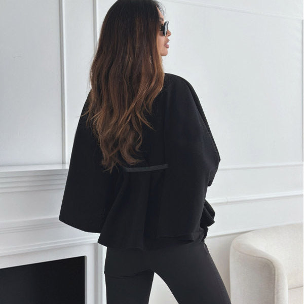Stand Collar Batwing Sleeves Cloak Top with Belt