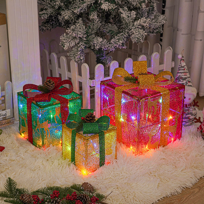 Lighted Up Outdoor Christmas Decorations Luminous Christmas 3 Pcs Gift Box With Bow